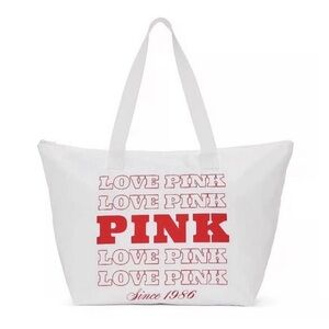 PINK Victoria's Secret White Tote with Red Logo Text